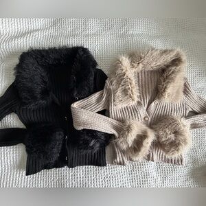 SHEIN Faux Fur Collar Cardigans - Black and Tan